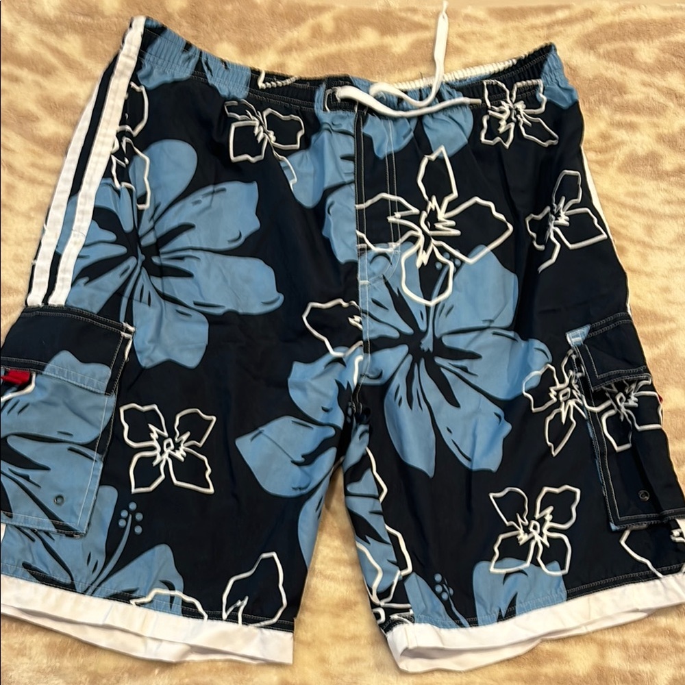 Blue and Black Floral Board Shorts for Surfing